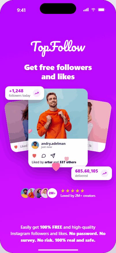 TopFollow app screen with Instagram followers and likes